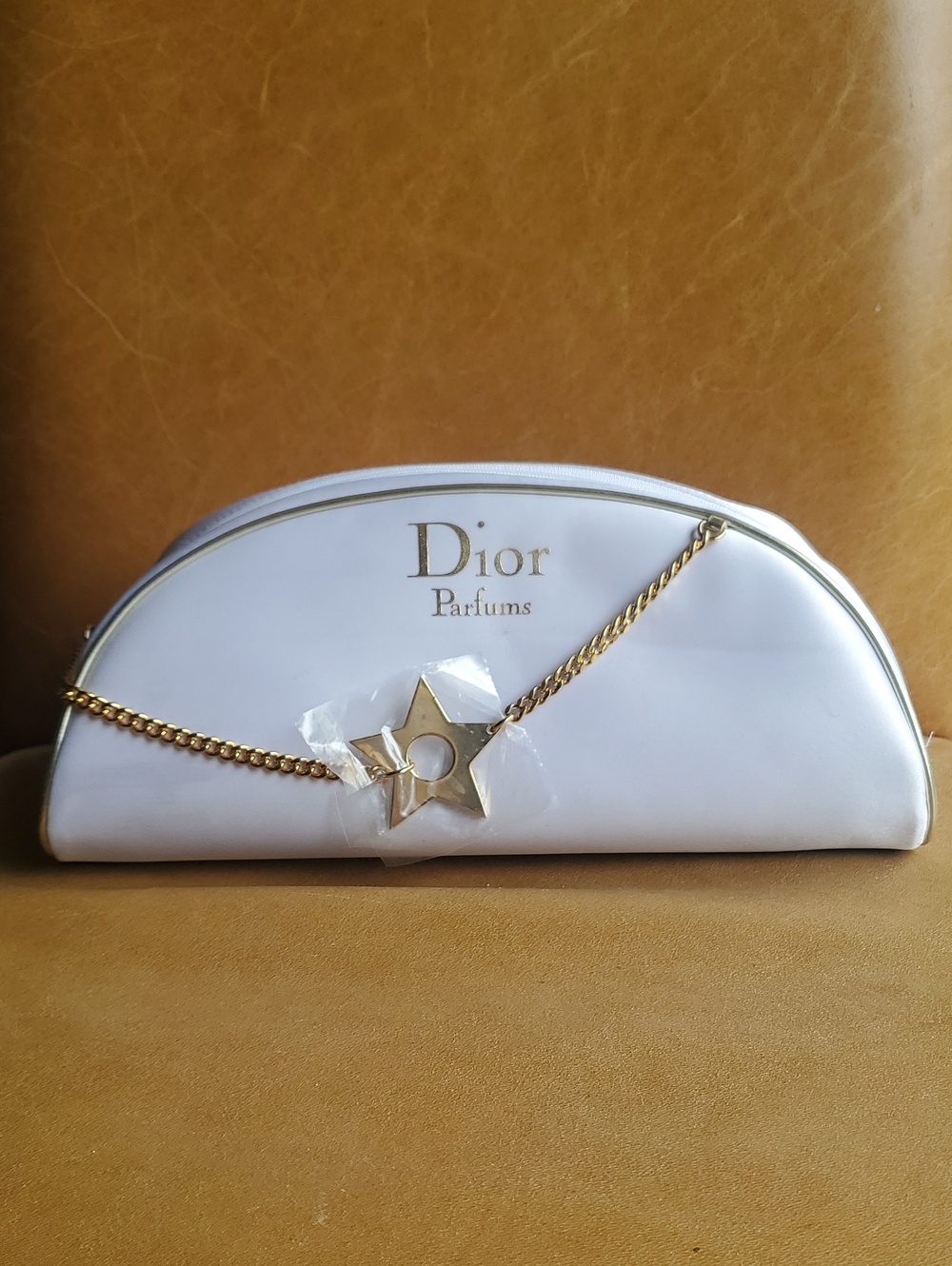 Dior White Satin Zip Cosmetic Pouch Bag with Gold Chain